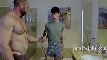 Bashful Stepson Helps Step-dad Trim His ball-sac nads of babymakers