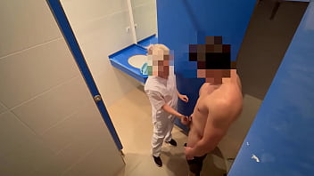 I surprise the gym cleaning female who when she enters to tidy the restroom she catches me masturbating off and helps me complete jizzing with a blow-job